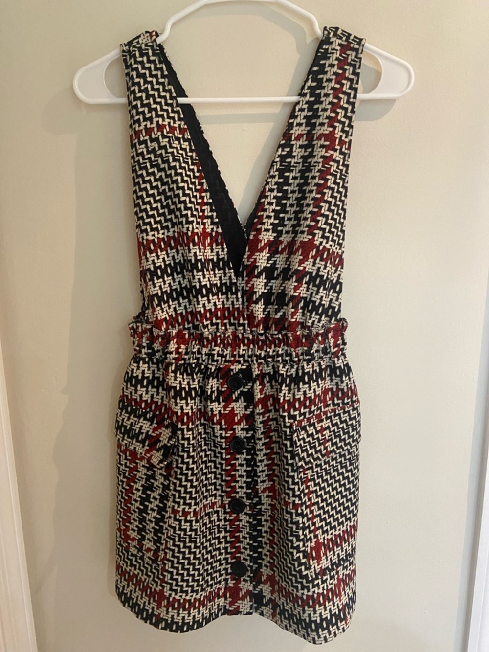 Zara Black, White & Red Plaid Pinafore Mini Dress